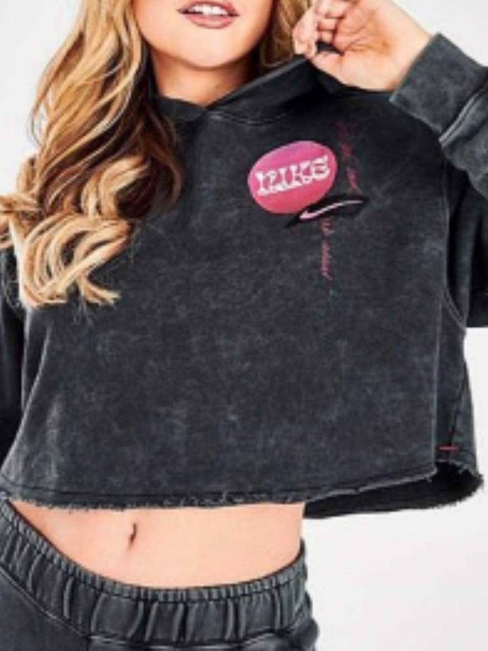 Nike Cropped Blue Hoodie with Pink Graphic Logo